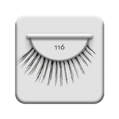 Ardell 116 black strip lash is a flared lash style: shorter at the inner corner and longer at the outer corner 