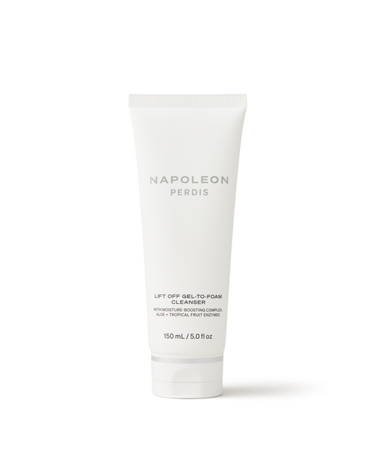 White tube of Napoleon Perdis Lift Off Gel-to-Foam Cleanser on a white background
