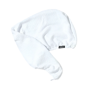 bondi boost white hair turban with small white button on the front to secure the turban with the loop on the back.
