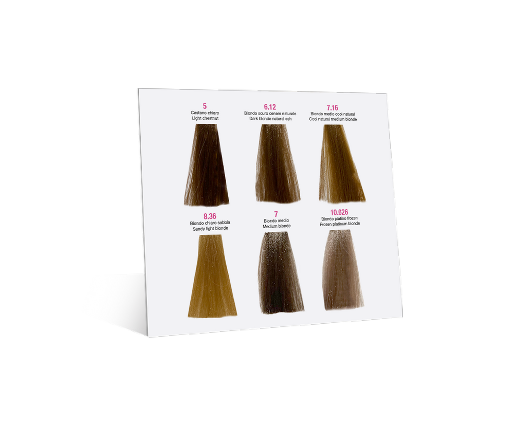 Hair color sample card with brown to blonde shades on a white background