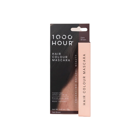 Packaging of 1000Hour Hair Colour Mascara in Dark Brown, showing the tube and the box with product information.