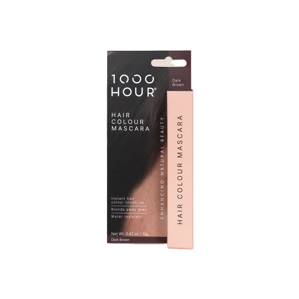 Packaging of 1000Hour Hair Colour Mascara in Dark Brown, showing the tube and the box with product information.