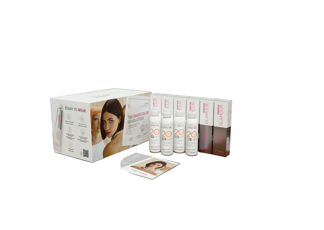 Set of hair dye, 100ml peroxide and colour chart products with packaging on a white background