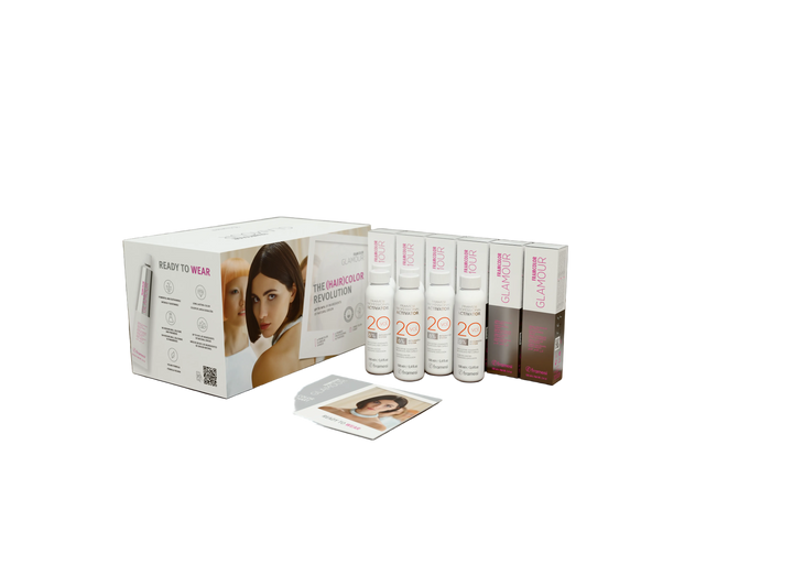 Set of hair dye, 100ml peroxide and colour chart products with packaging on a white background