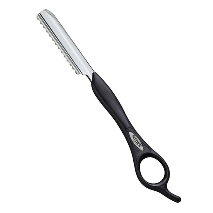 A 7.5 inch JATAI feather styling razor with a black handle and a platinum hardened, Teflon coated blade.