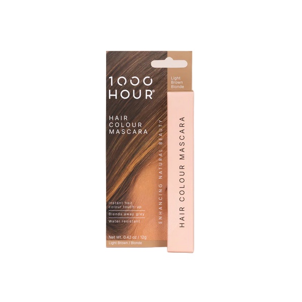 Packaging of 1000Hour Hair Colour Mascara in Light Brown/Blonde with the product visible in a standing position against a light background.