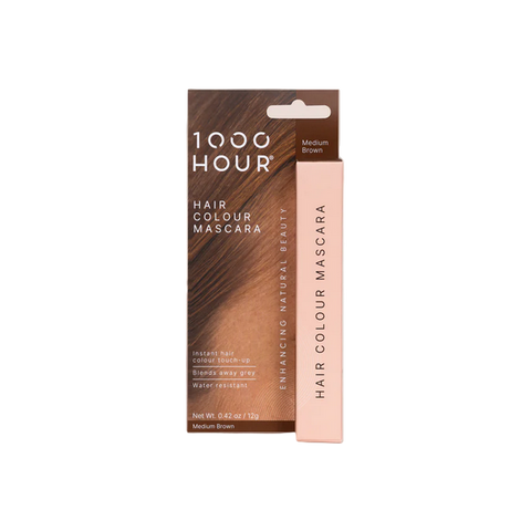 Packaging of 1000Hour Hair Colour Mascara in Medium Brown, showing the tube and the brush applicator.