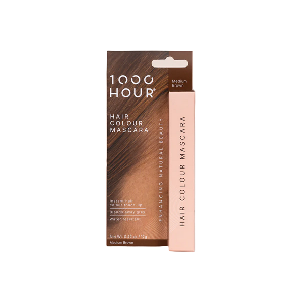 Packaging of 1000Hour Hair Colour Mascara in Medium Brown, showing the tube and the brush applicator.