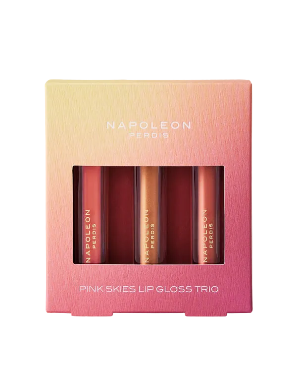 Napoleon Perdis Pink Skies Lip Gloss Trio packaging on a light gray background