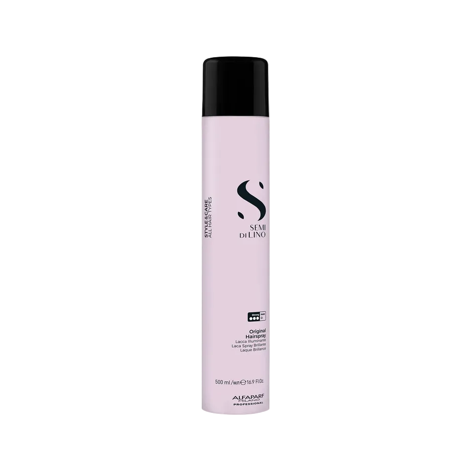A 500 ml aerosol can of semi di lino Original Hairspray, featuring a light pink body and a black cap, set against a solid light gray background.