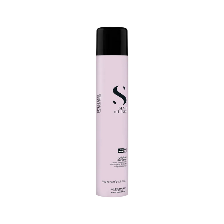 A 500 ml aerosol can of semi di lino Original Hairspray, featuring a light pink body and a black cap, set against a solid light gray background.