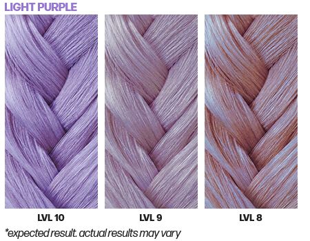 Three braided strands of hair in light purple, labeled LVL 10, LVL 9, and LVL 8, with a note about expected results.