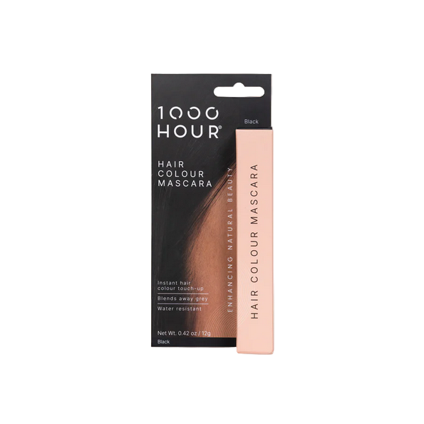 Packaging of 1000Hour Hair Colour Mascara in black, with the product visible in a standing position.