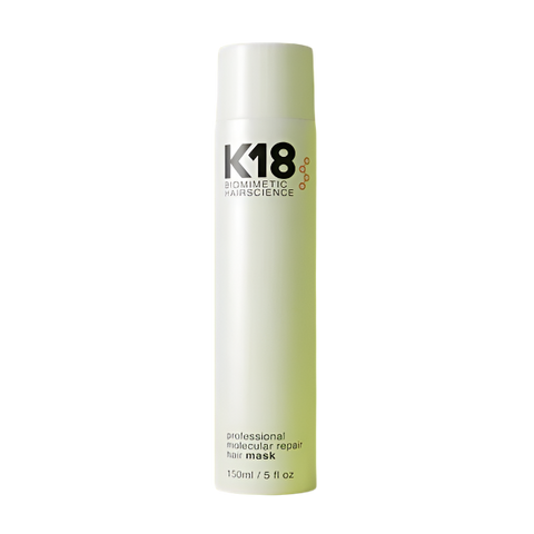 K18 professional molecular repair hair mask bottle on a bright yellow background