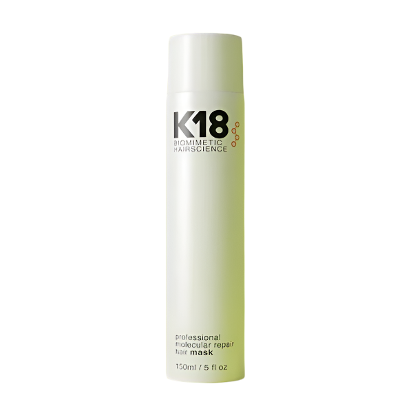 K18 professional molecular repair hair mask bottle on a bright yellow background