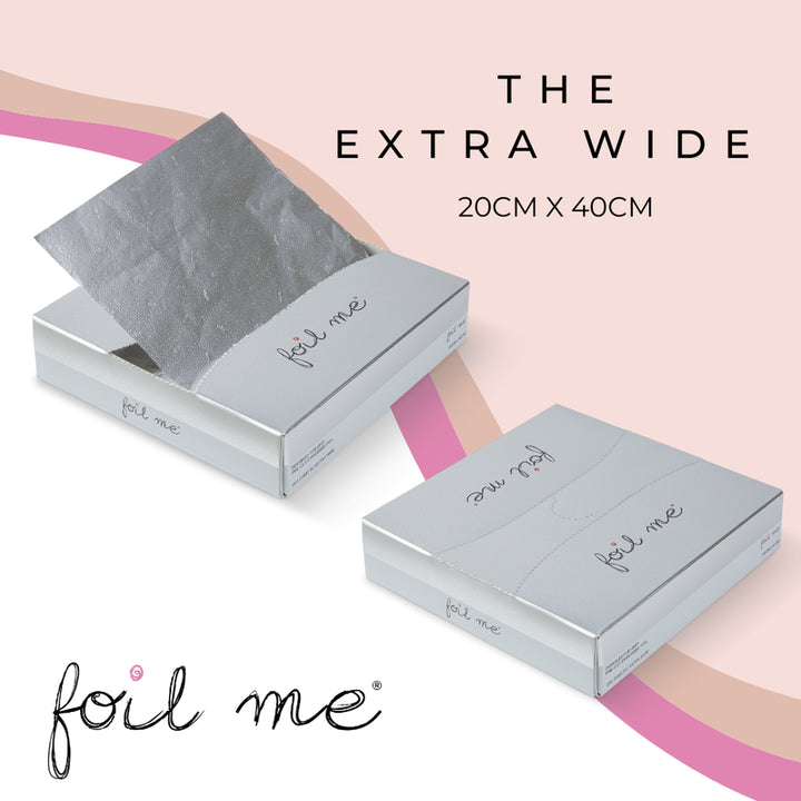 Foil Me product packaging with text indicating size and brand name on a pink background