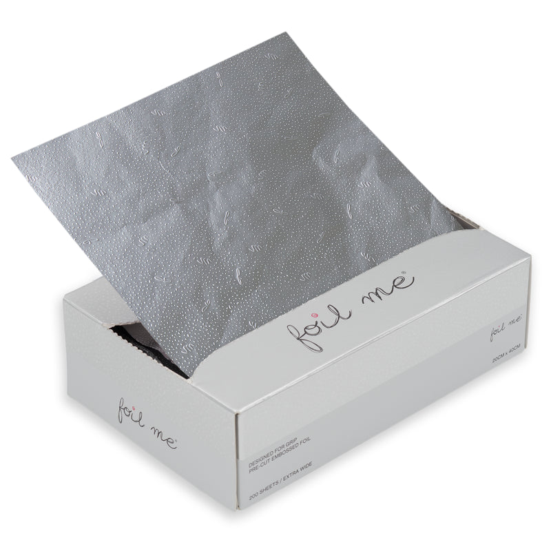 Box of silver foil with 'foil me' branding on a white background