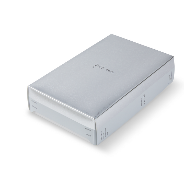 Silver box with 'foil me' text on a white background