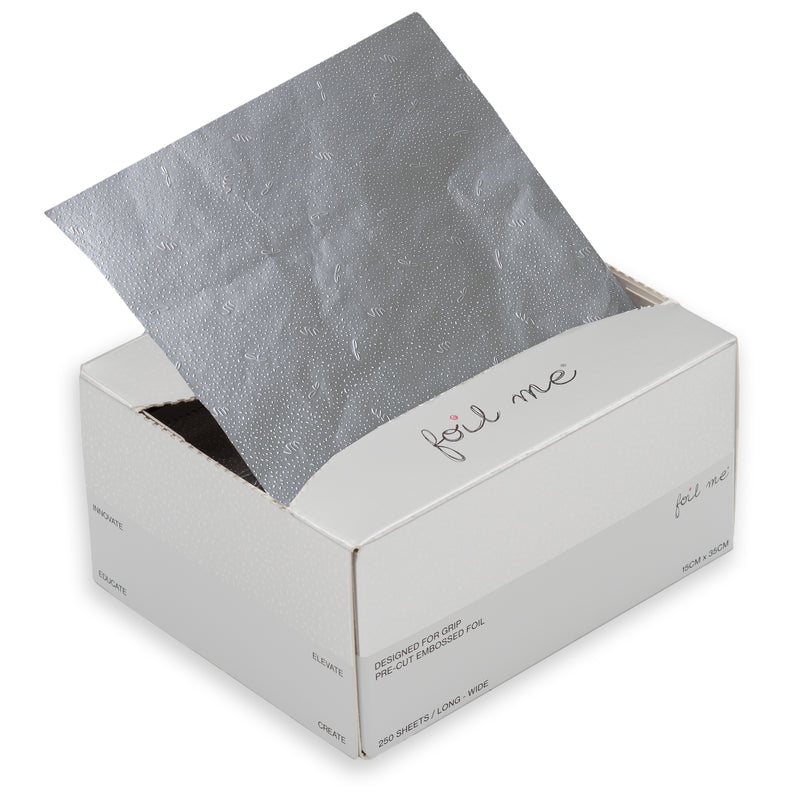 Box of silver foil with 'foil me' branding on a white background