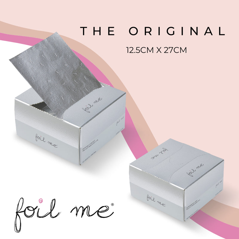 Foil Me packaging with silver foil sheet on a pink background