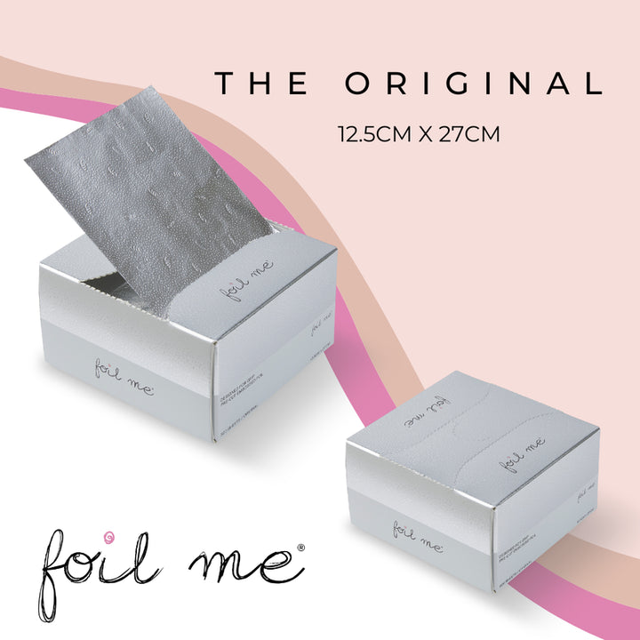 Foil Me packaging with silver foil sheet on a pink background