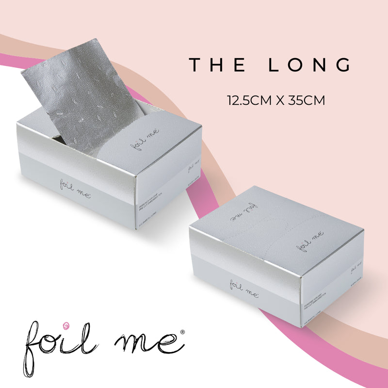 Foil me packaging with silver foil and product dimensions on a pink background