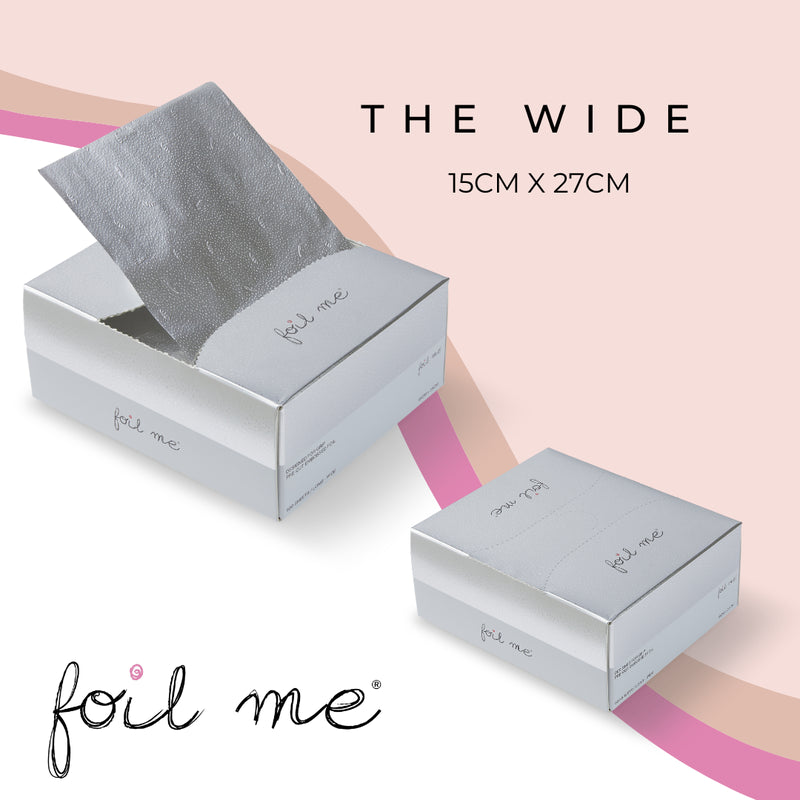 Foil Me packaging with a silver foil sheet and box on a pink background