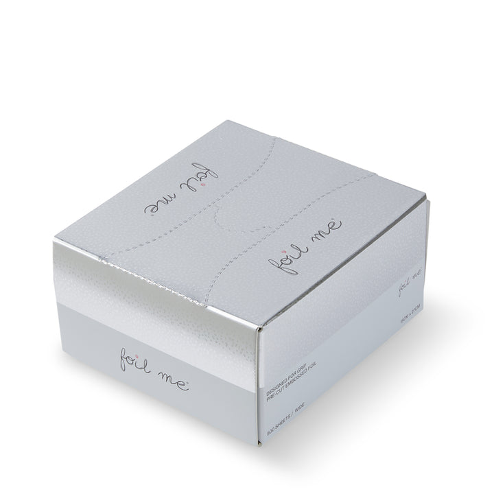 Silver foil box with 'foil me' text on a white background