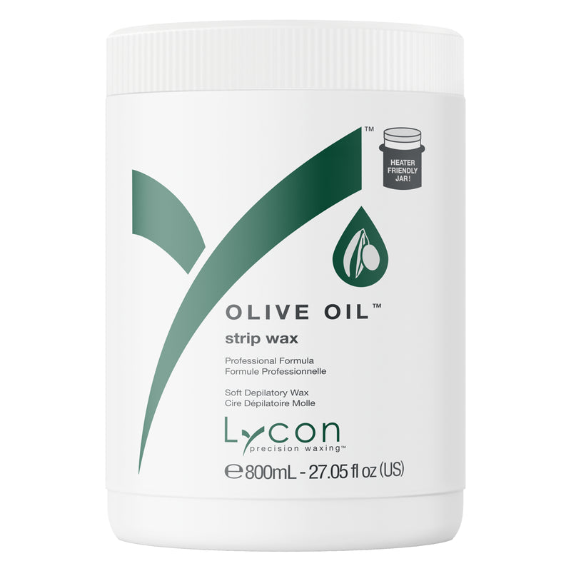 Jar of Lycon Olive Oil strip wax on a white background