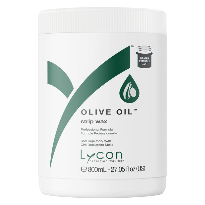 Jar of Lycon Olive Oil strip wax on a white background