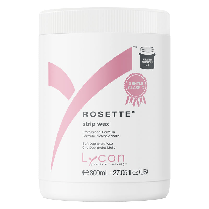 Rosette strip wax container with pink design on a white background
