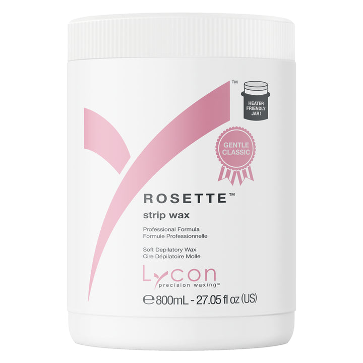 Rosette strip wax container with pink design on a white background