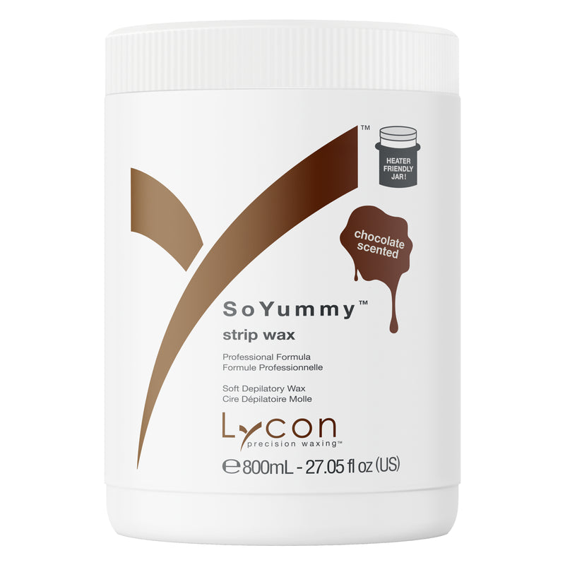 Jar of Lycon So Yummy strip wax with chocolate scent on a white background