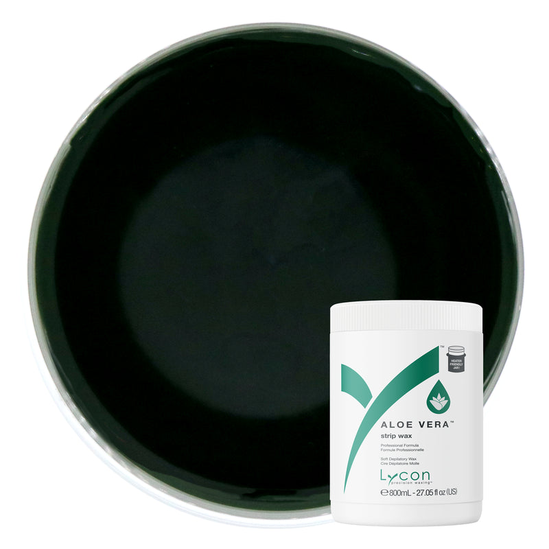 Green wax container with a bottle of Lycon Aloe Vera strip wax on a white background