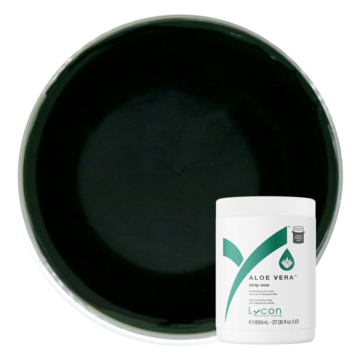 Green wax container with a bottle of Lycon Aloe Vera strip wax on a white background