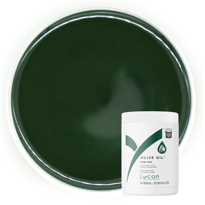 Green wax container with a bottle labeled 'Olive Oil Strip Wax' by Lycon on a white background