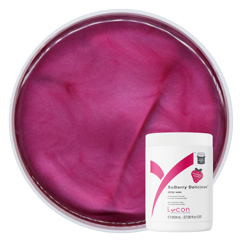 Pink wax container with Lycon strawberry delicious strip wax packaging on a white background