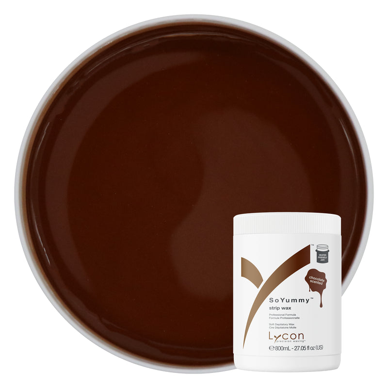 Brown wax with a bottle of Lycon So Yummy strip wax on a white background