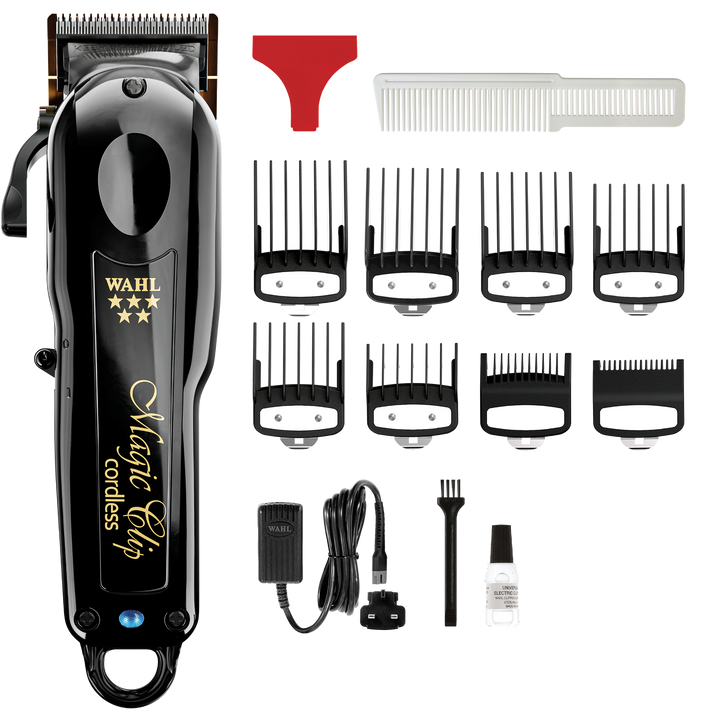 Wahl Magic Clip cordless hair clipper set with attachments on a white background