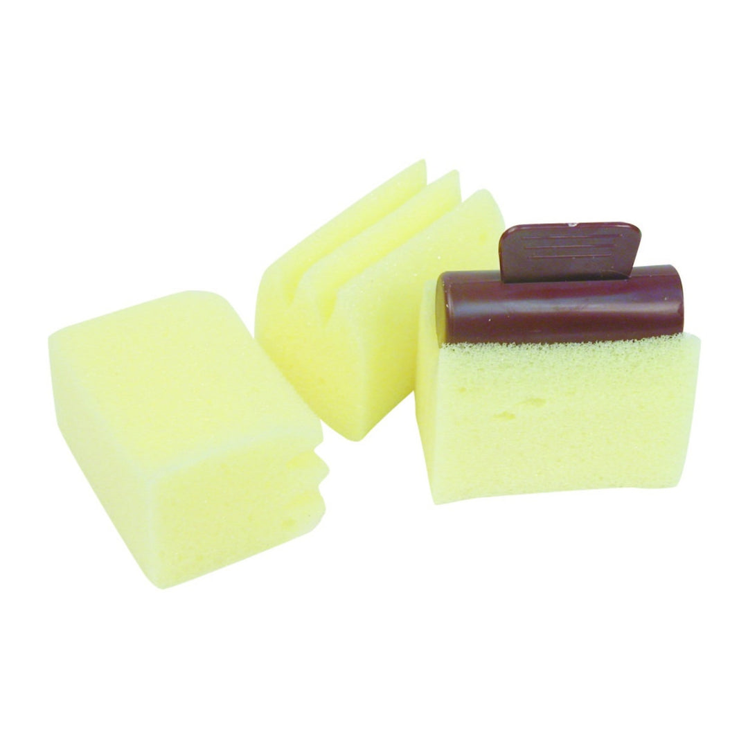 Three yellow perming sponges with a brown handle on a white background