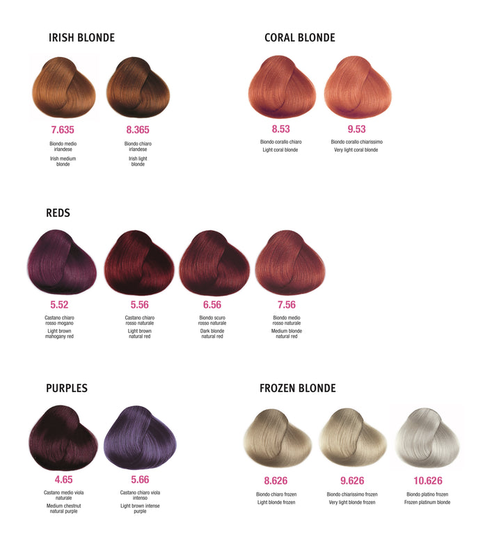 Hair color chart with various shades of blonde, red, purple, and frozen blonde.