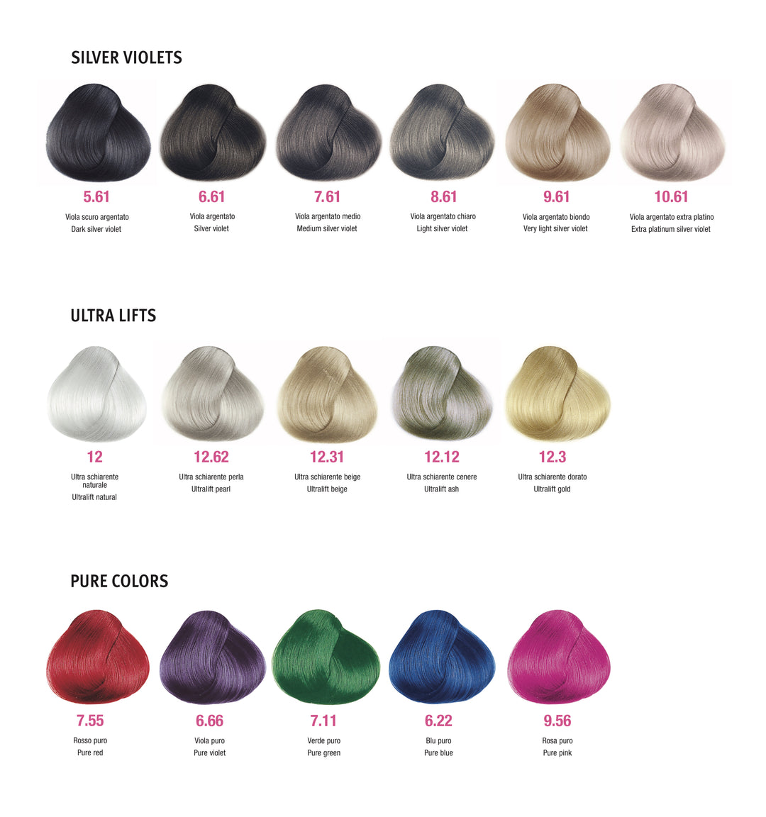 Hair color chart with various shades of silver violets, ultra lifts, and pure colors.
