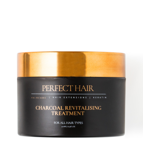 black and gold 500ml tub of smoothing charcoal treatment safe to use on hair extensions and keratins. 