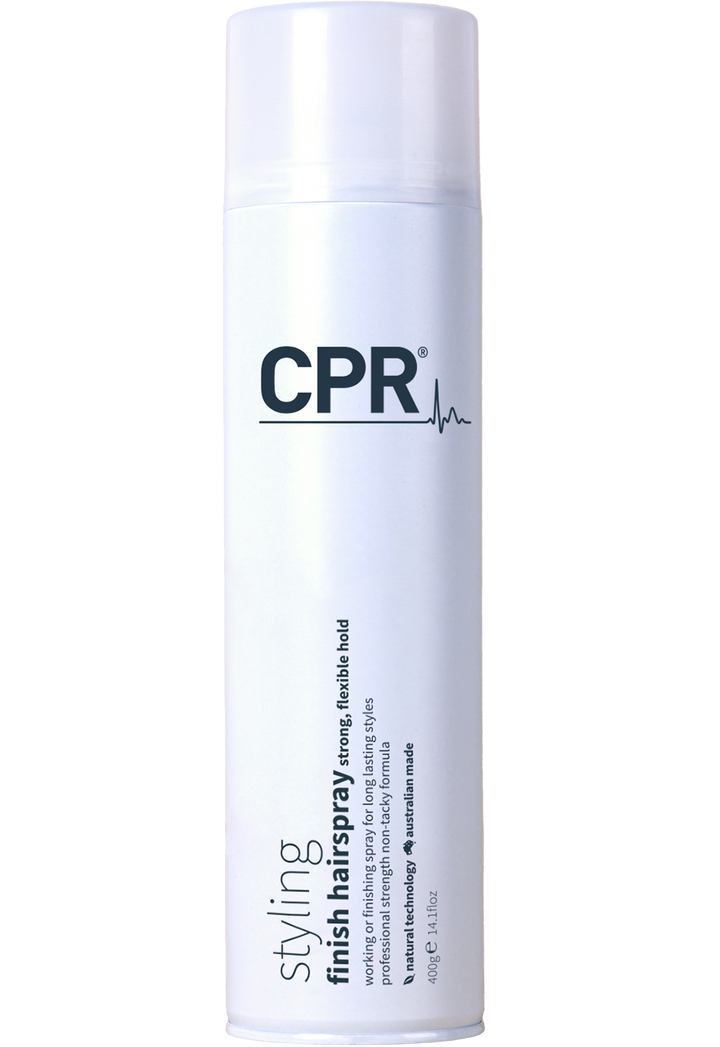 CPR finishing hairspray. Strong, flexible hold in a white 400g can. working or finishing spray for long lasting styles.