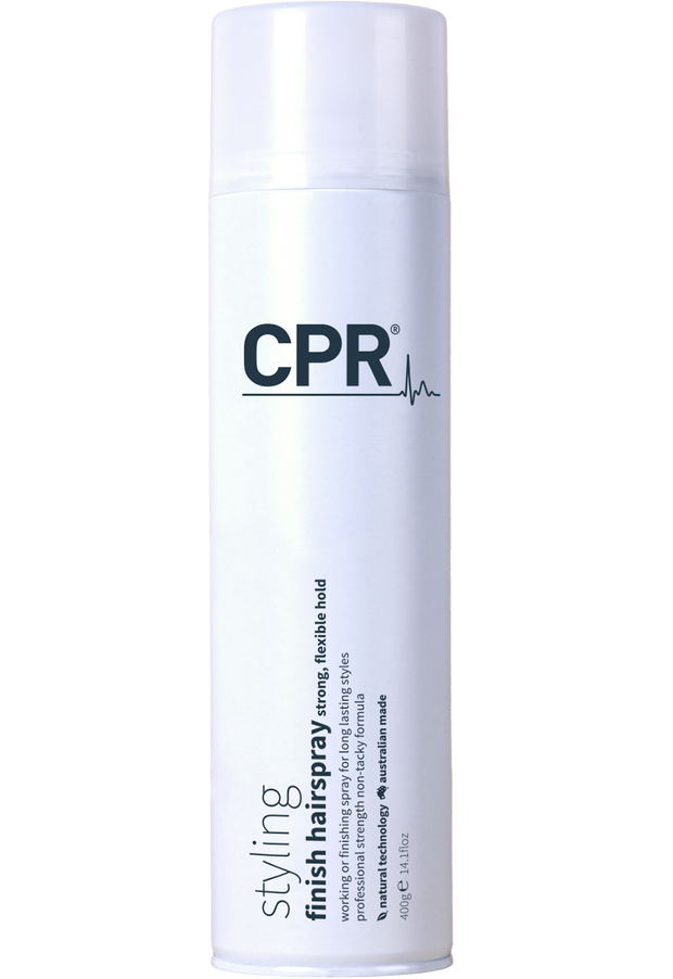 CPR finishing hairspray. Strong, flexible hold in a white 400g can. working or finishing spray for long lasting styles.