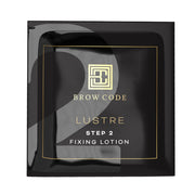 brow code lustre step 2 fixing lotion is a pack of 20 single dose sachets in black and gold packaging for lamination of eyebrows