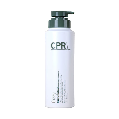 cpr frizzy, frizz control smoothing conditioner. Softens,reduces frizz & protects from humidity. 900ml white and olive green pump bottle.