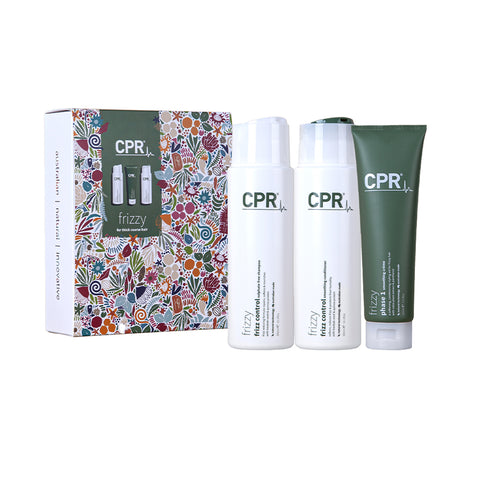CPR Frizzy trio pack for thick and coarse hair. Includes shampoo, conditioner and phase one 150ml leave in smoothing cream