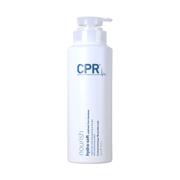 Nourish hydra-soft sulfate free shampoo 900ml white and blue pump bottle. hydrates, softens, detangles & adds shine.
