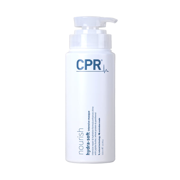 CPR Nourish hydra-soft intensive mask in a 500ml pump bottle. Repair, moisturize & add shine to the hair. 